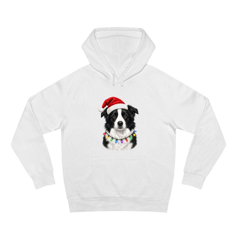 Border Collie in Fairy Lights personalised Christmas hoodie in white
