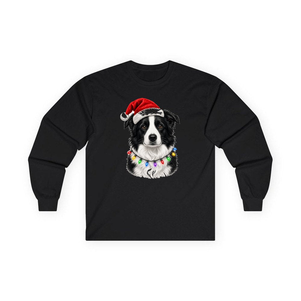 Border Collie in Fairy Lights personalised long sleeve Christmas T-shirt in black