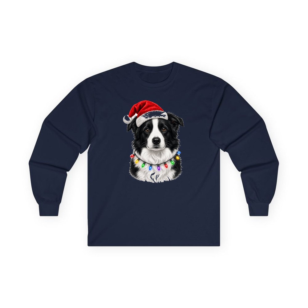 Border Collie in Fairy Lights personalised long sleeve Christmas T-shirt in navy