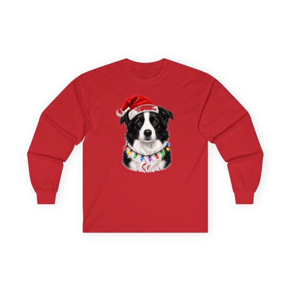 Border Collie in Fairy Lights personalised long sleeve Christmas T-shirt in red