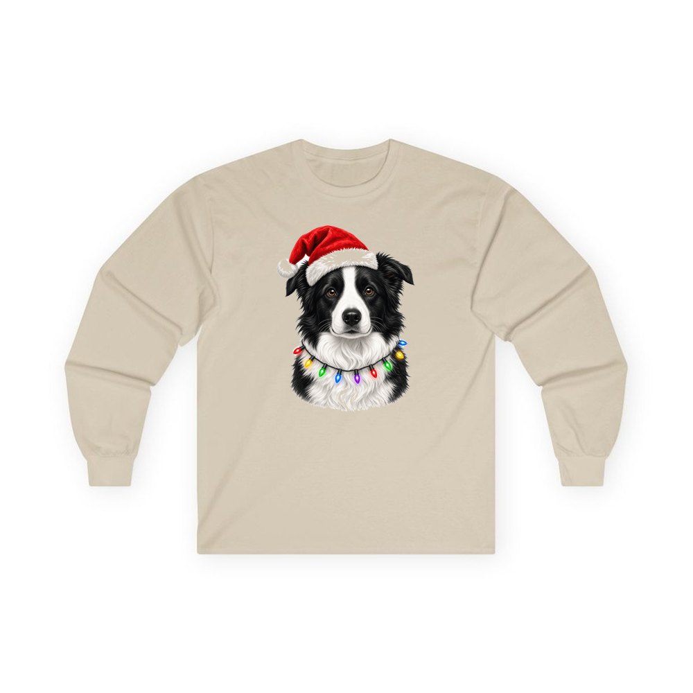 Border Collie in Fairy Lights personalised long sleeve Christmas T-shirt in sand