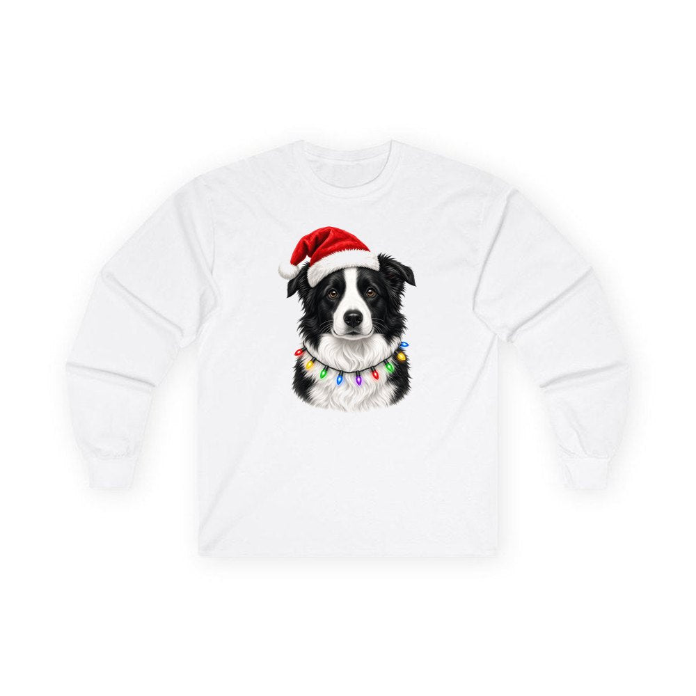 Border Collie in Fairy Lights personalised long sleeve Christmas T-shirt in white