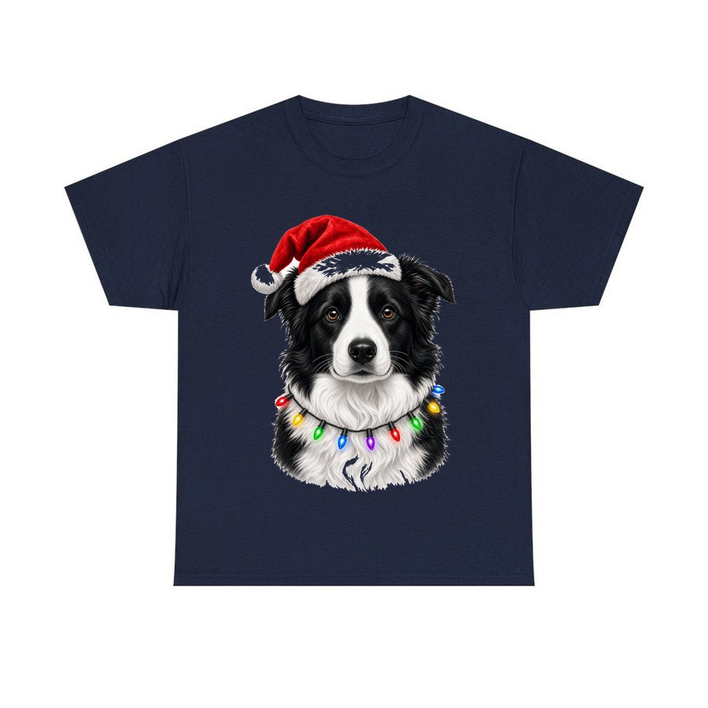 Border Collie in Fairy Lights personalised Christmas T-shirt in navy