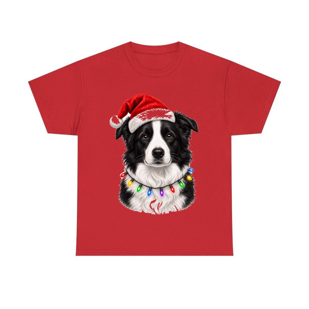 Border Collie in Fairy Lights personalised Christmas T-shirt in red
