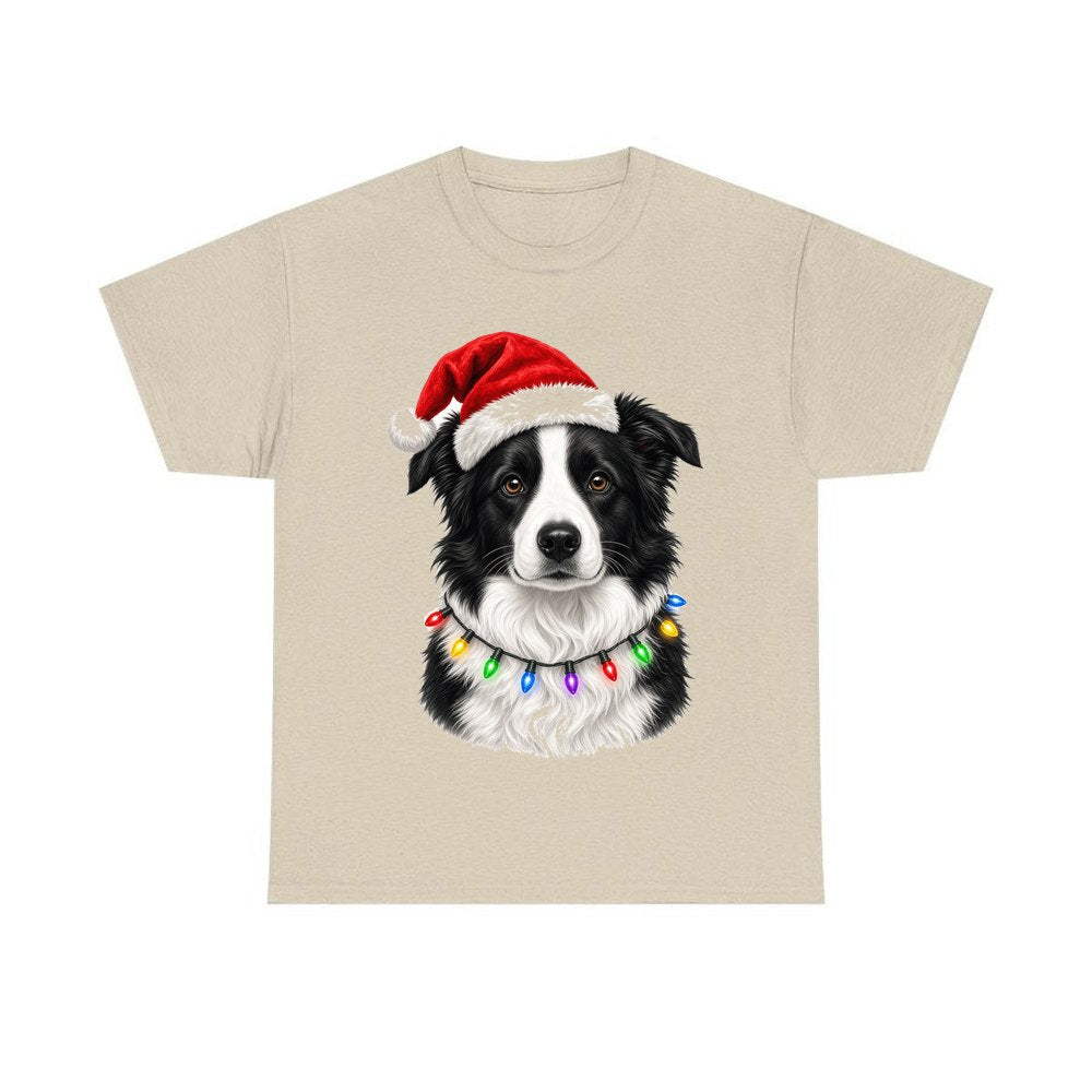 Border Collie in Fairy Lights personalised Christmas T-shirt in sand