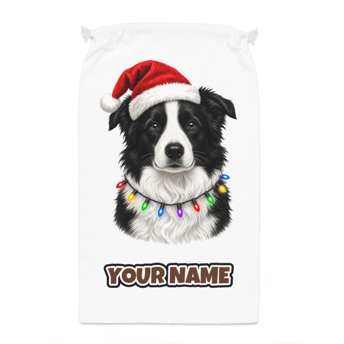 Border Collie in Fairy Lights Santa sack laid flat, showing the full print