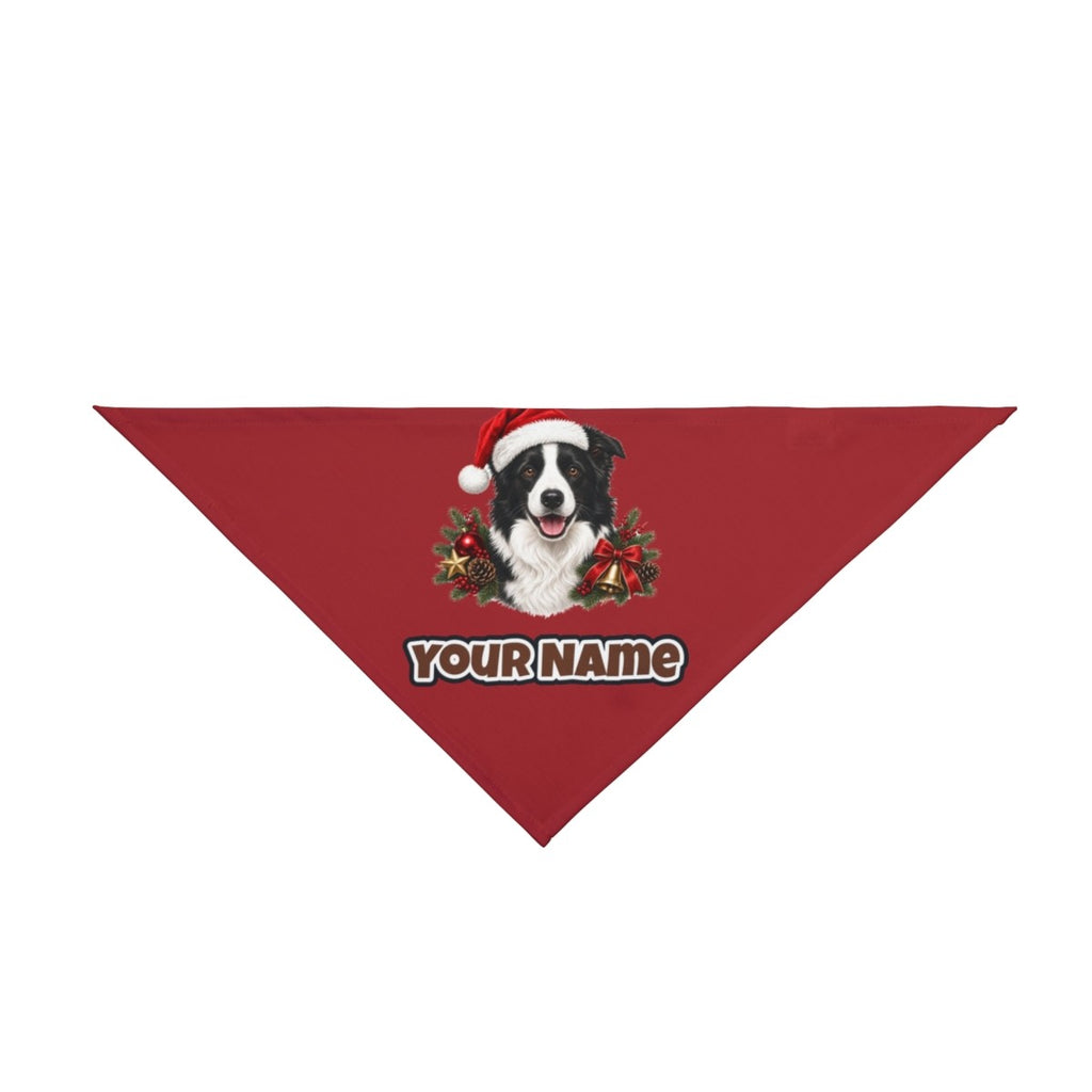 Border Collie with Bells and Pine personalised Christmas pet bandana in red, tie-on style