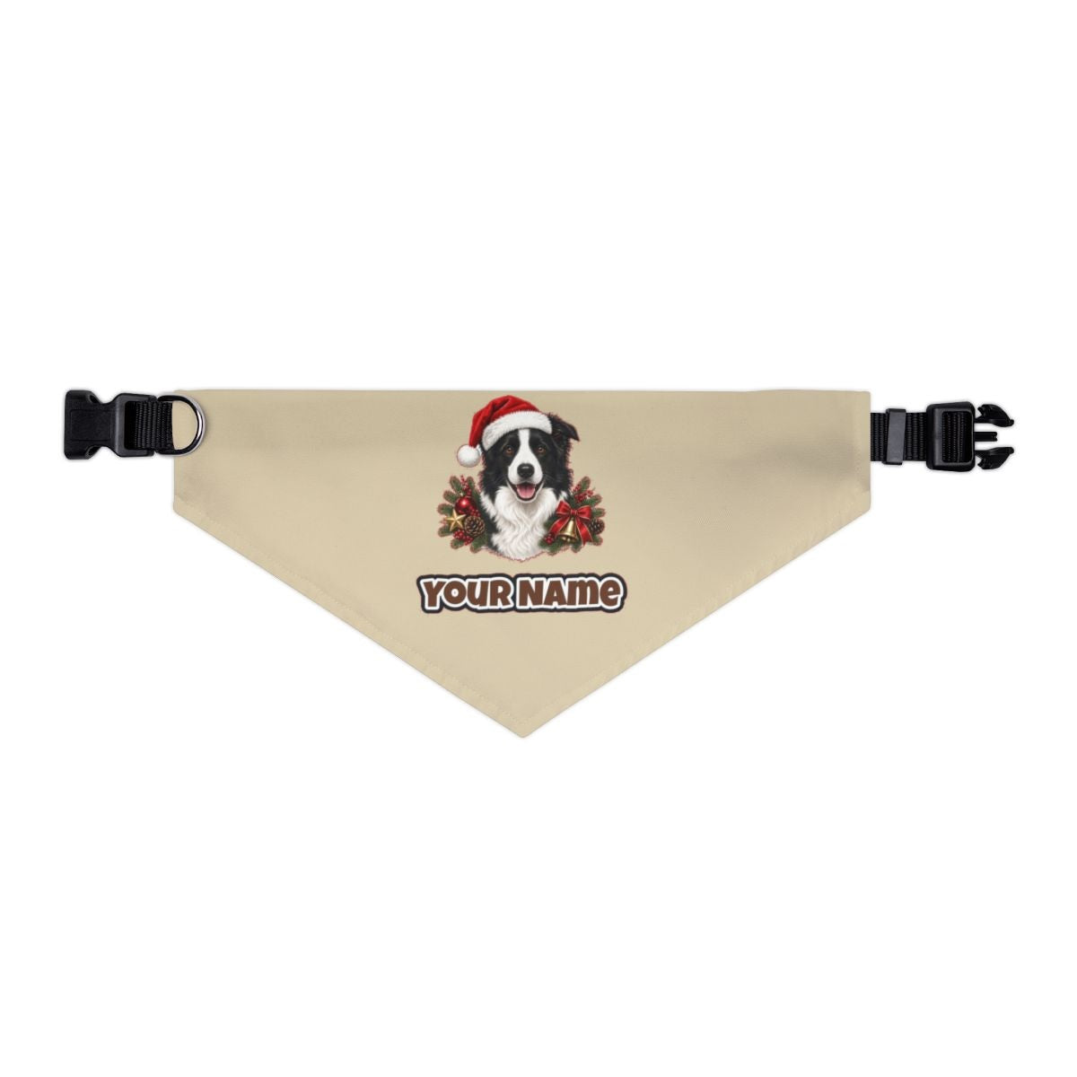 Border Collie with Bells and Pine personalised Christmas pet bandana in beige, collar with buckle