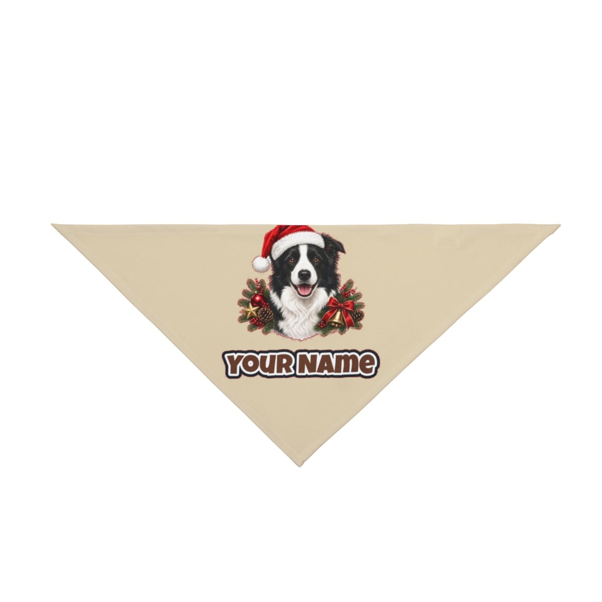 Border Collie with Bells and Pine personalised Christmas pet bandana in beige, tie-on style