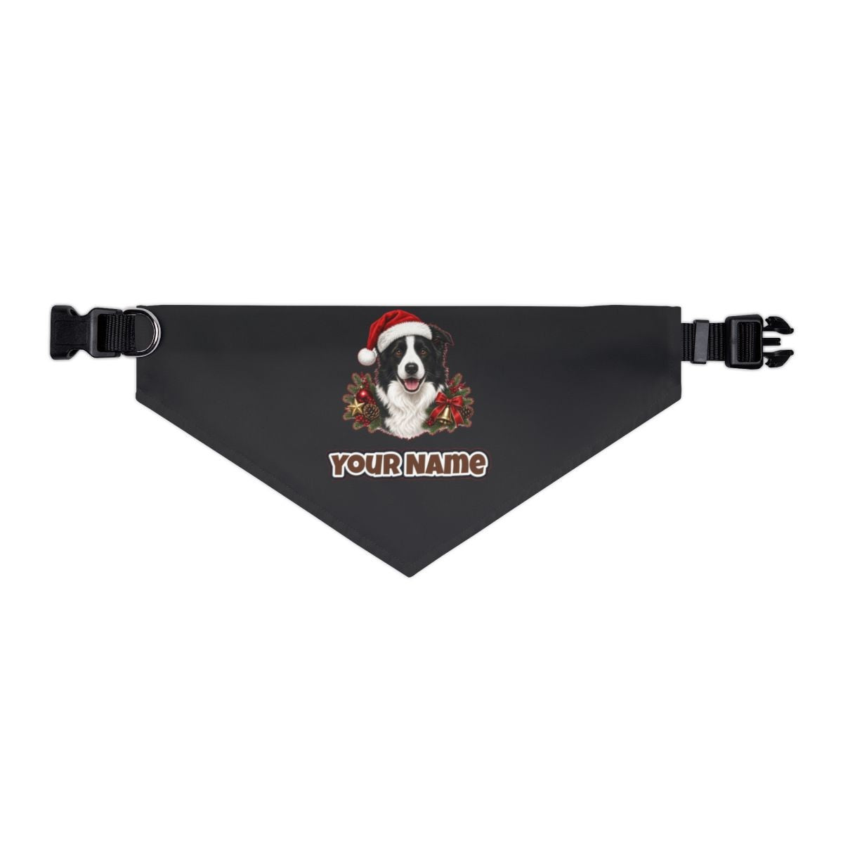 Border Collie with Bells and Pine personalised Christmas pet bandana in black, collar with buckle