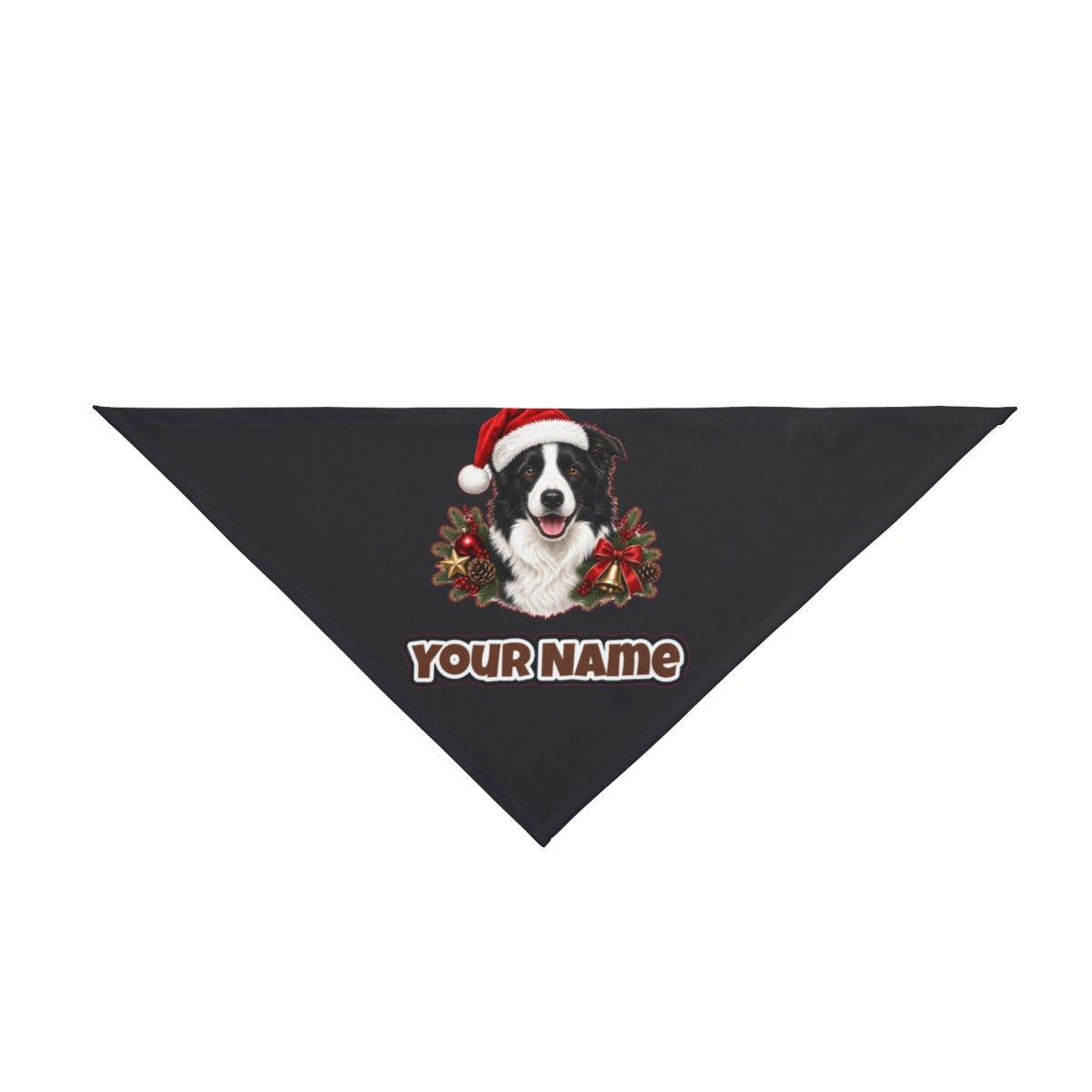 Border Collie with Bells and Pine personalised Christmas pet bandana in black, tie-on style