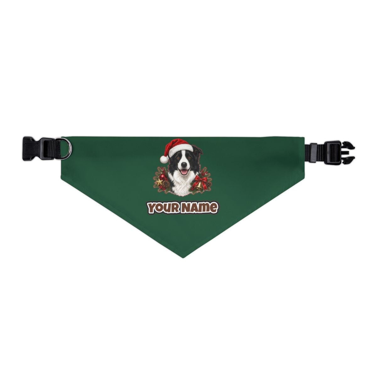 Border Collie with Bells and Pine personalised Christmas pet bandana in green, collar with buckle