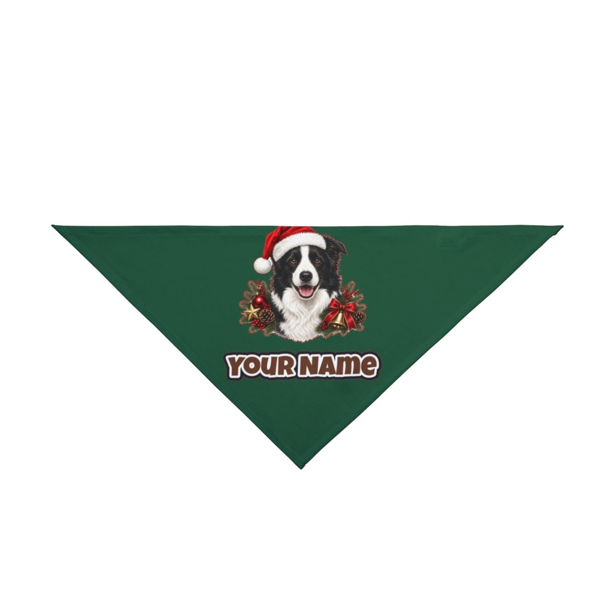 Border Collie with Bells and Pine personalised Christmas pet bandana in green, tie-on style