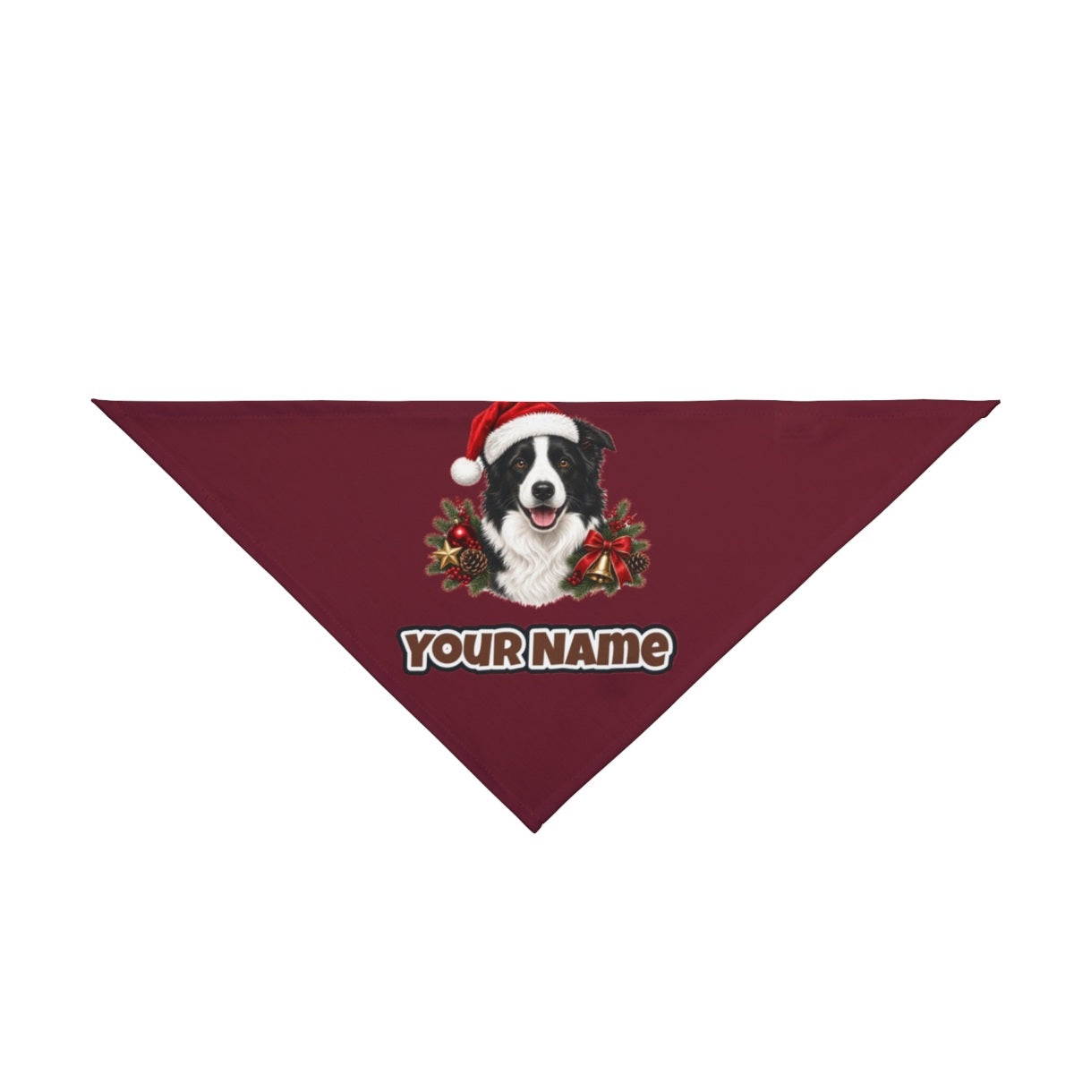 Border Collie with Bells and Pine personalised Christmas pet bandana in maroon, tie-on style