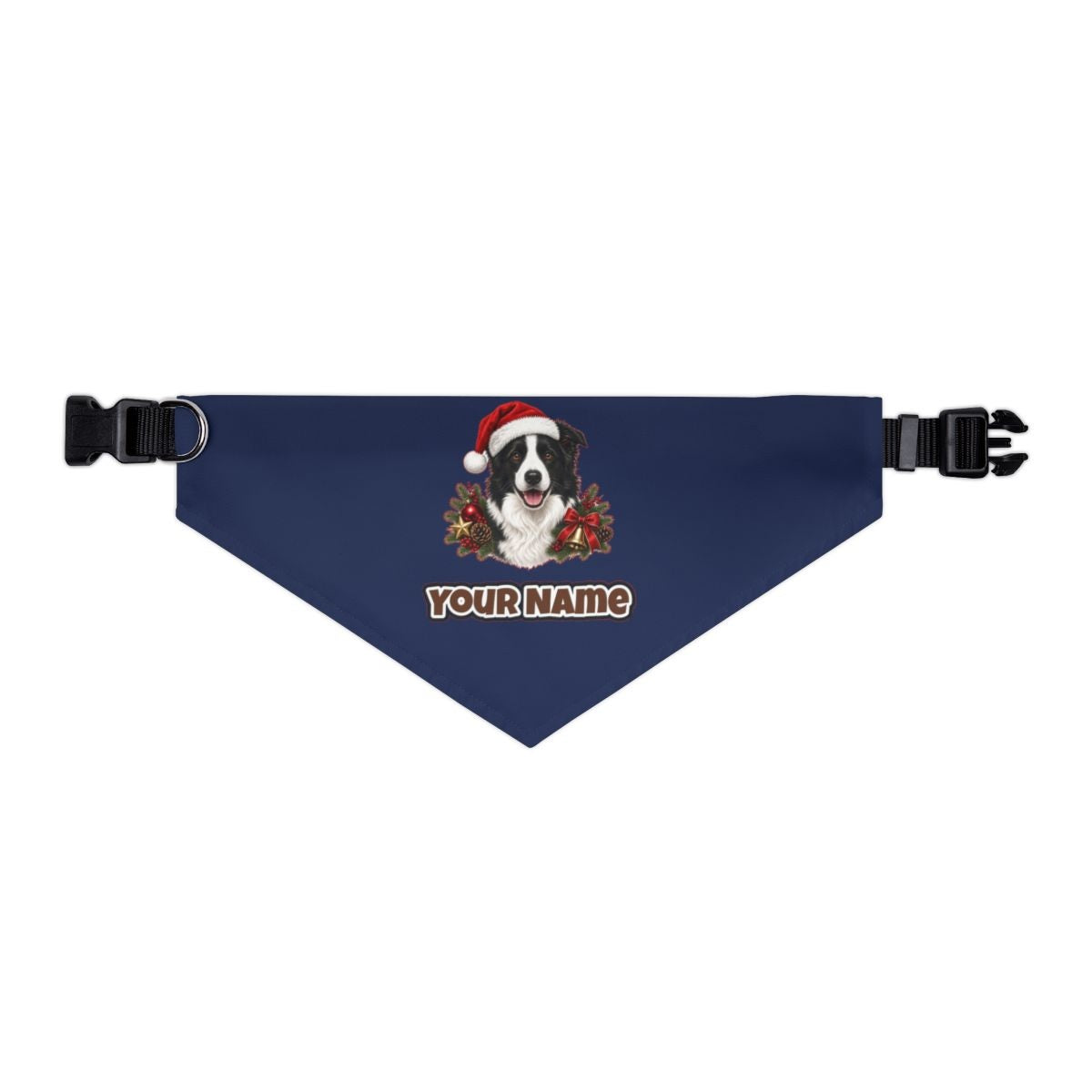 Border Collie with Bells and Pine personalised Christmas pet bandana in navy, collar with buckle