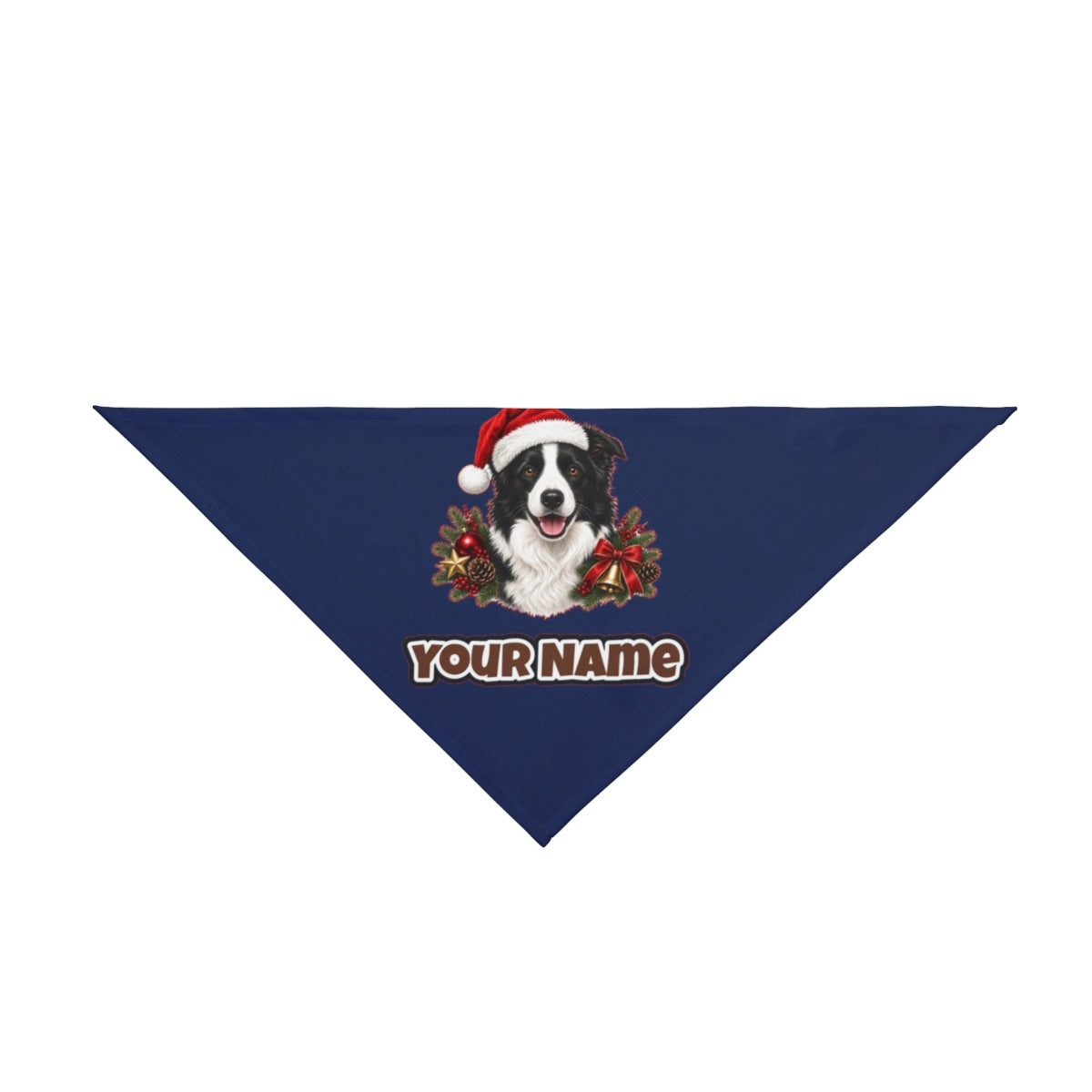 Border Collie with Bells and Pine personalised Christmas pet bandana in navy, tie-on style