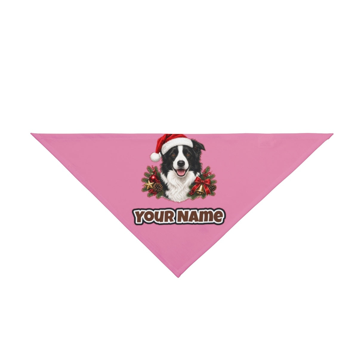Border Collie with Bells and Pine personalised Christmas pet bandana in pink, tie-on style