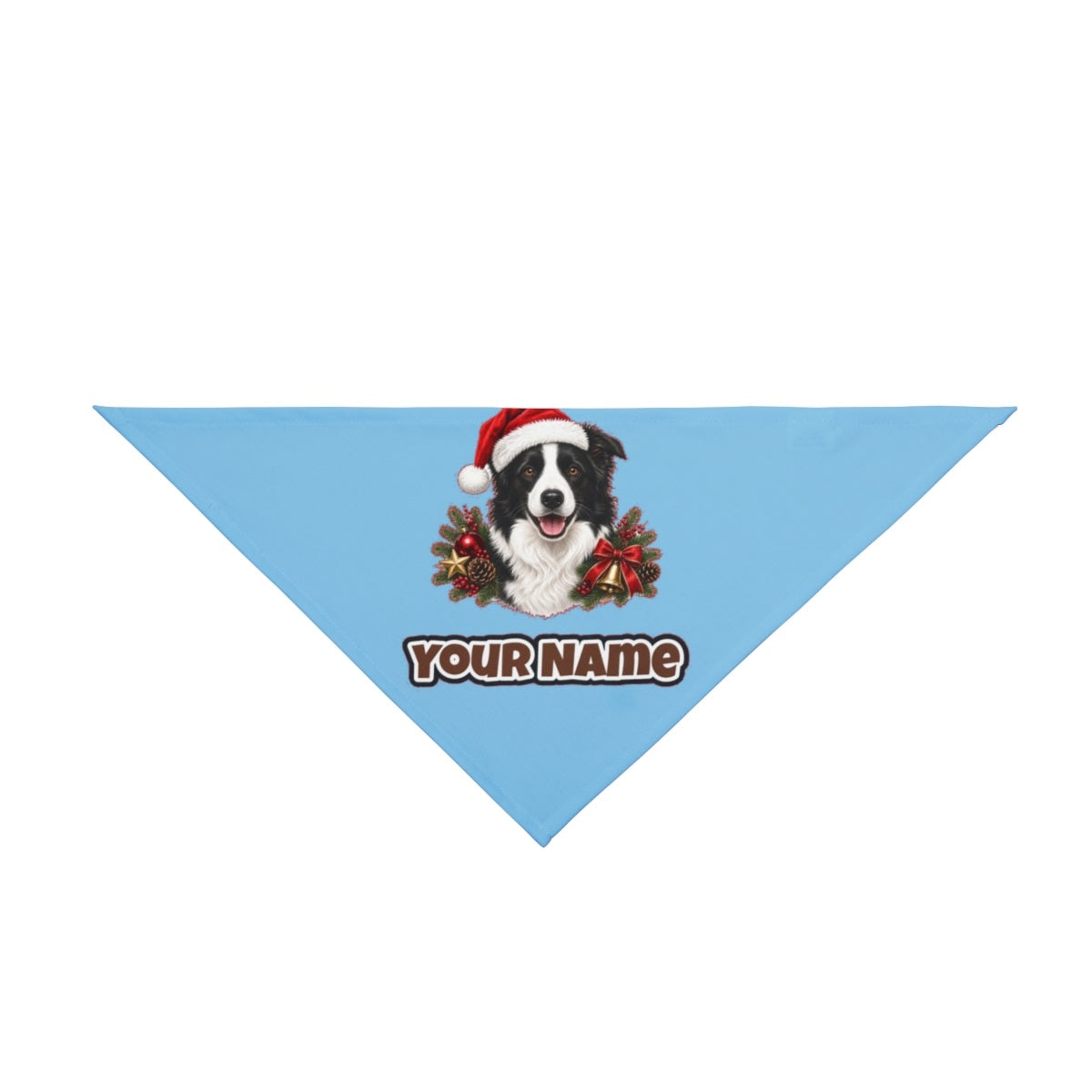 Border Collie with Bells and Pine personalised Christmas pet bandana in sky blue, tie-on style