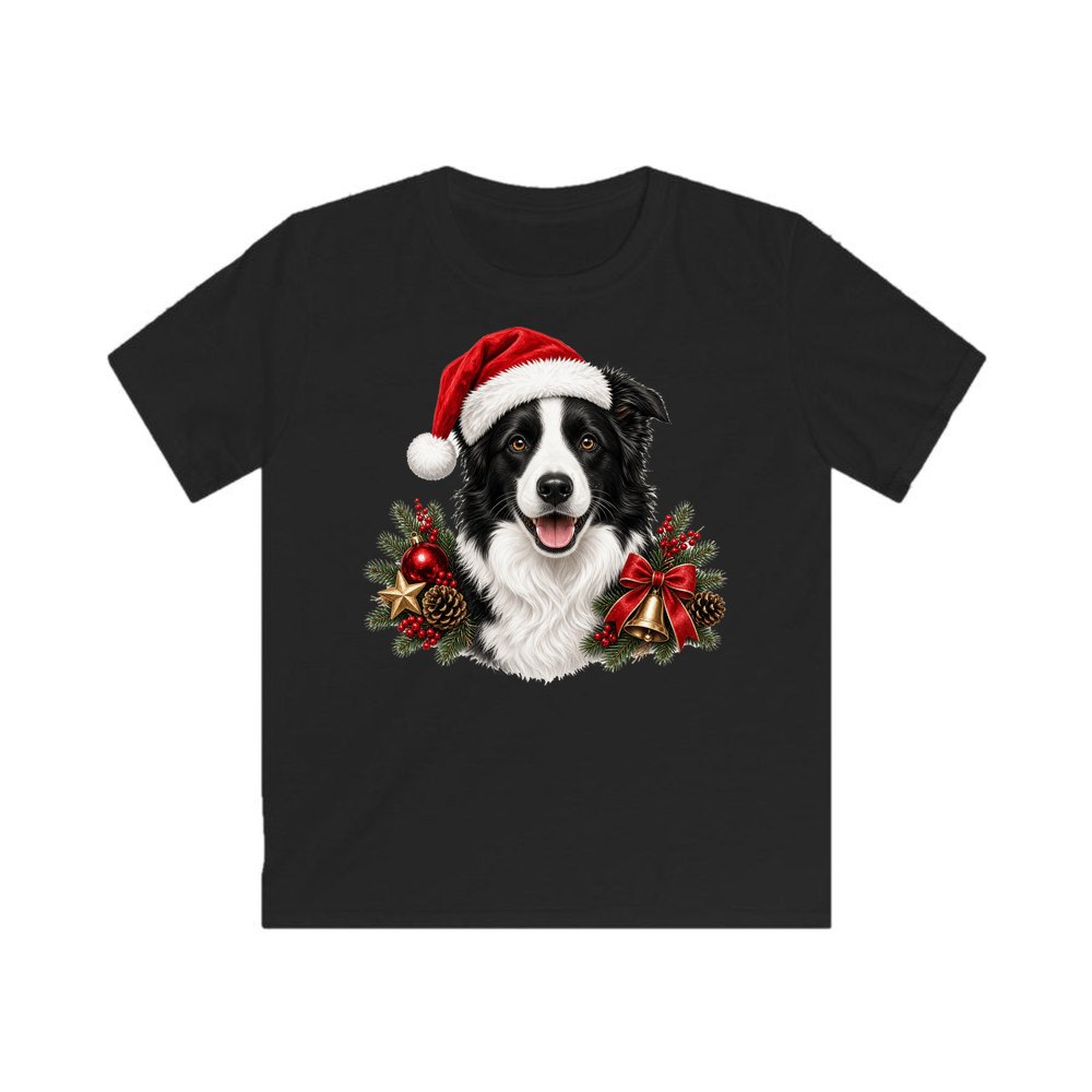 Border Collie with Bells and Pine personalised kids Christmas tee in black