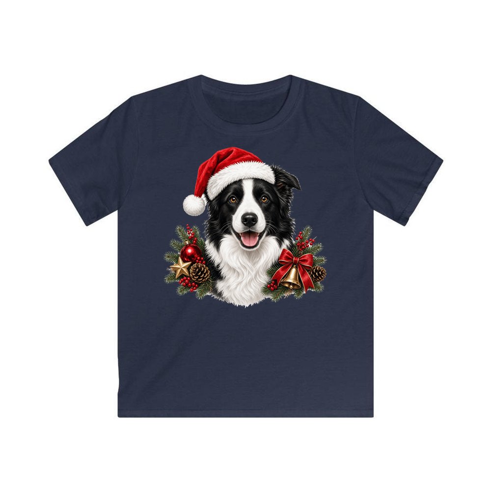 Border Collie with Bells and Pine personalised kids Christmas tee in navy