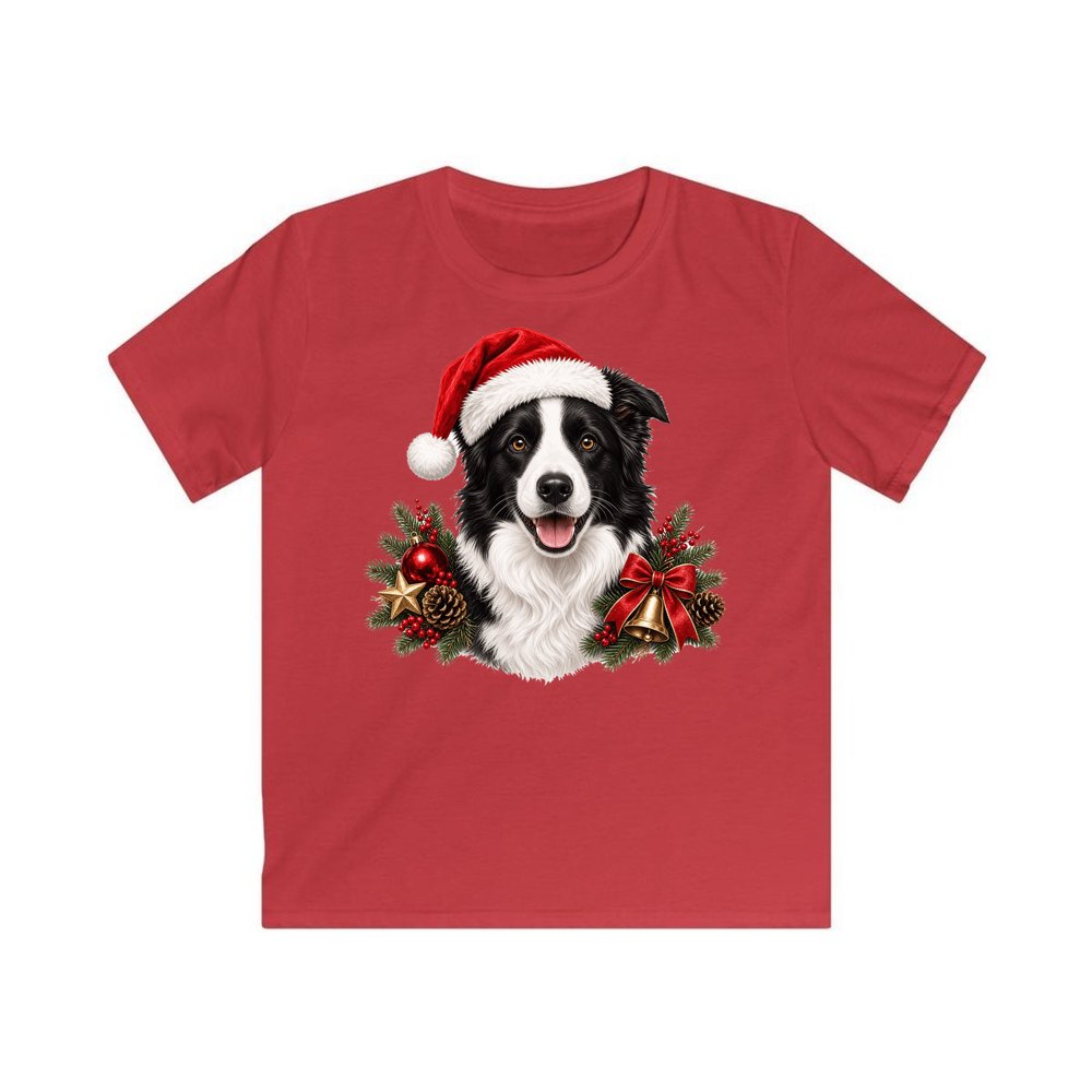 Border Collie with Bells and Pine personalised kids Christmas tee in red