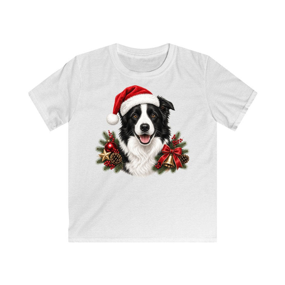 Border Collie with Bells and Pine personalised kids Christmas tee in white
