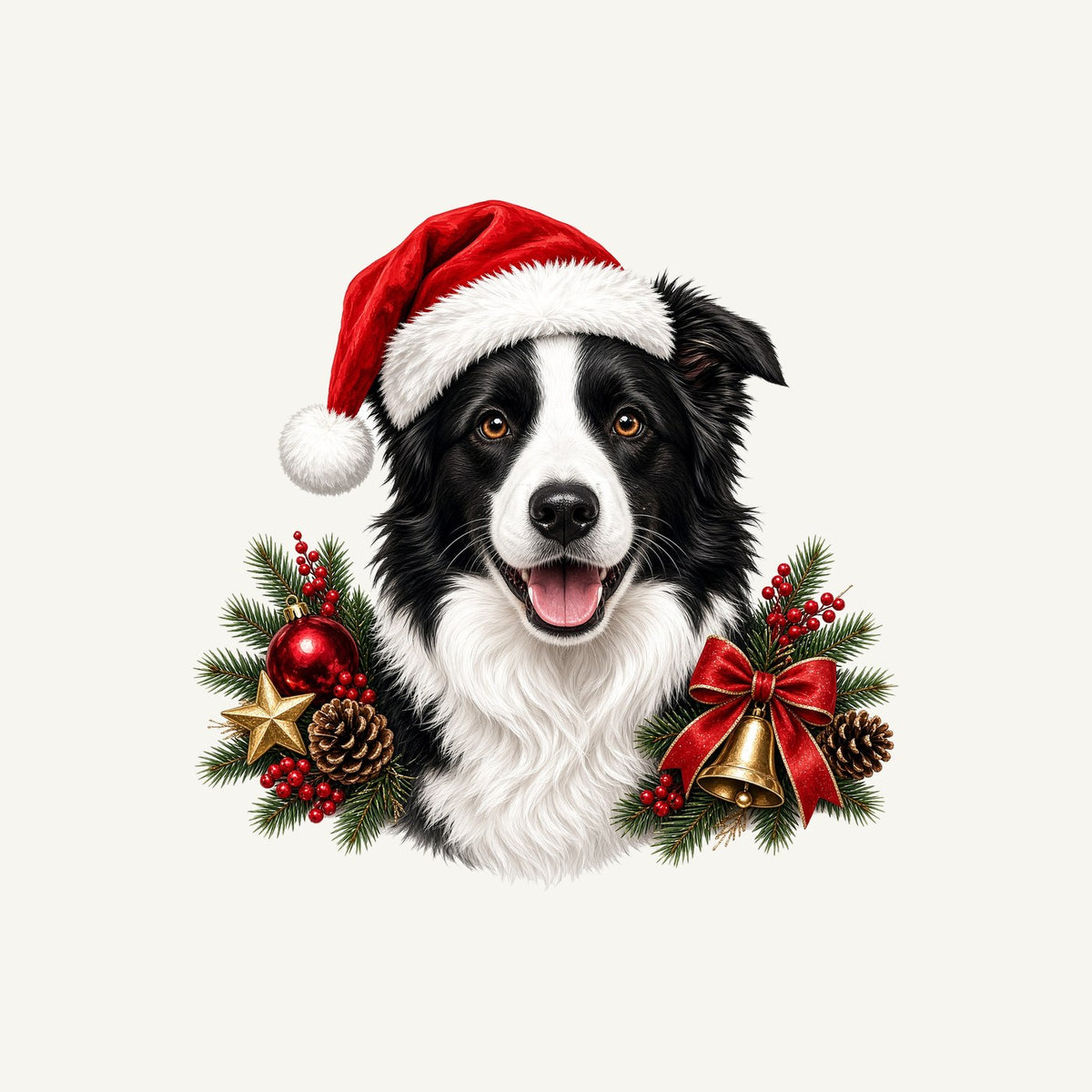 Border Collie with Bells and Pine Personalised Christmas T-Shirt and Hoodie