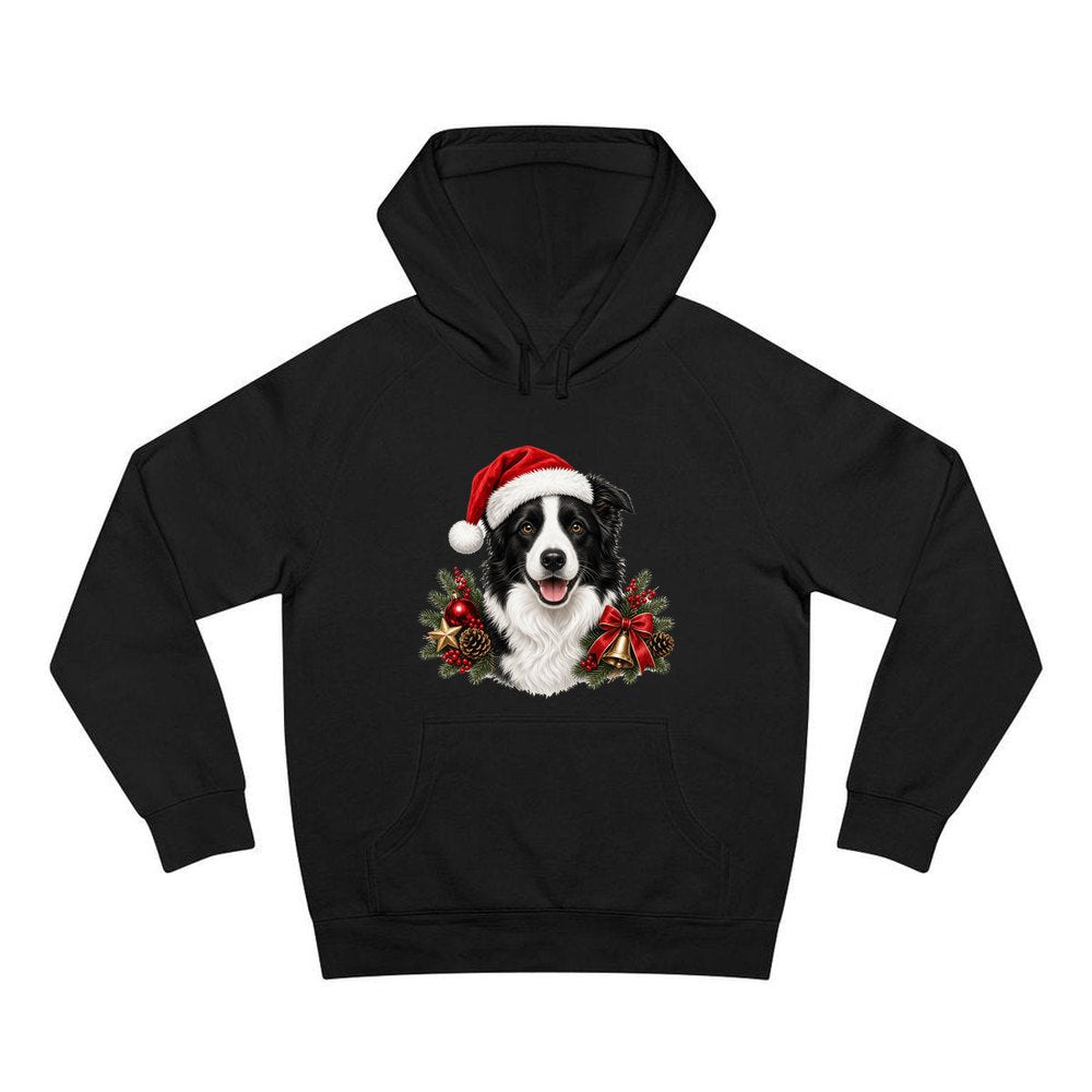 Border Collie with Bells and Pine personalised Christmas hoodie in black