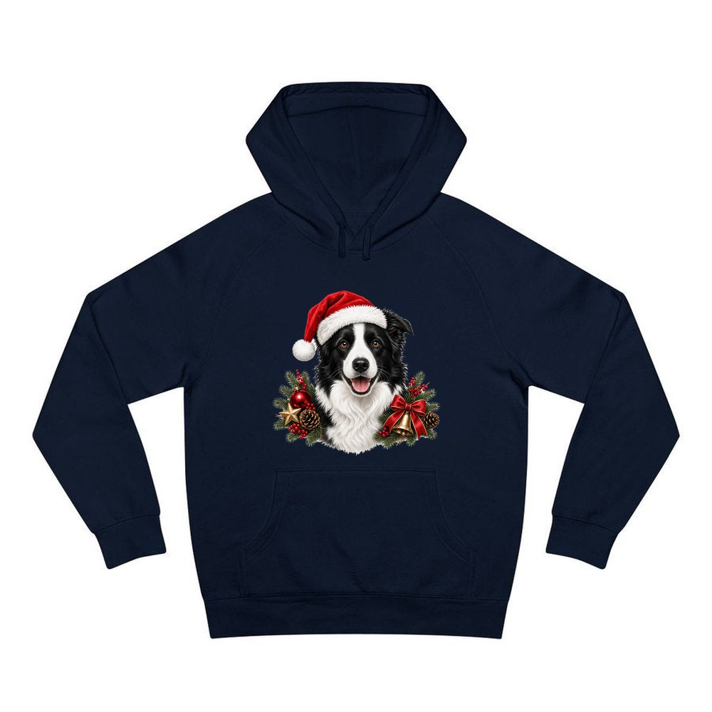 Border Collie with Bells and Pine personalised Christmas hoodie in navy