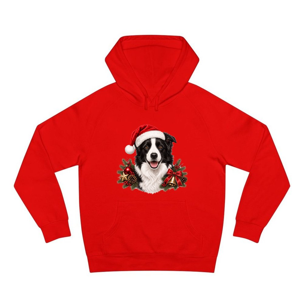 Border Collie with Bells and Pine personalised Christmas hoodie in red