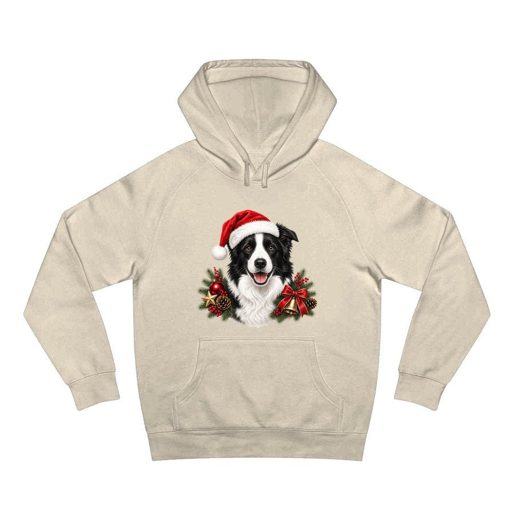 Border Collie with Bells and Pine personalised Christmas hoodie in sand