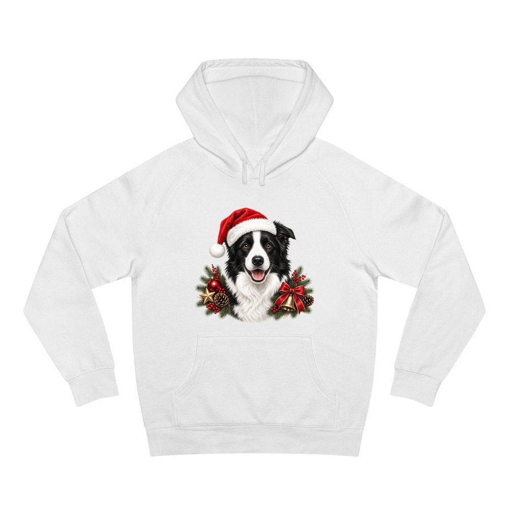 Border Collie with Bells and Pine personalised Christmas hoodie in white