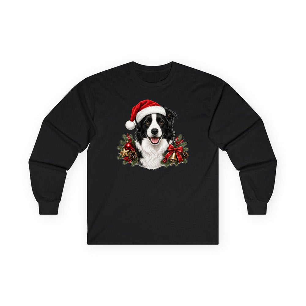 Border Collie with Bells and Pine personalised long sleeve Christmas T-shirt in black