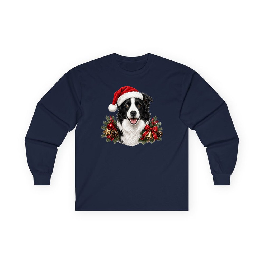 Border Collie with Bells and Pine personalised long sleeve Christmas T-shirt in navy