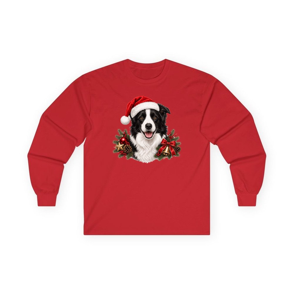 Border Collie with Bells and Pine personalised long sleeve Christmas T-shirt in red