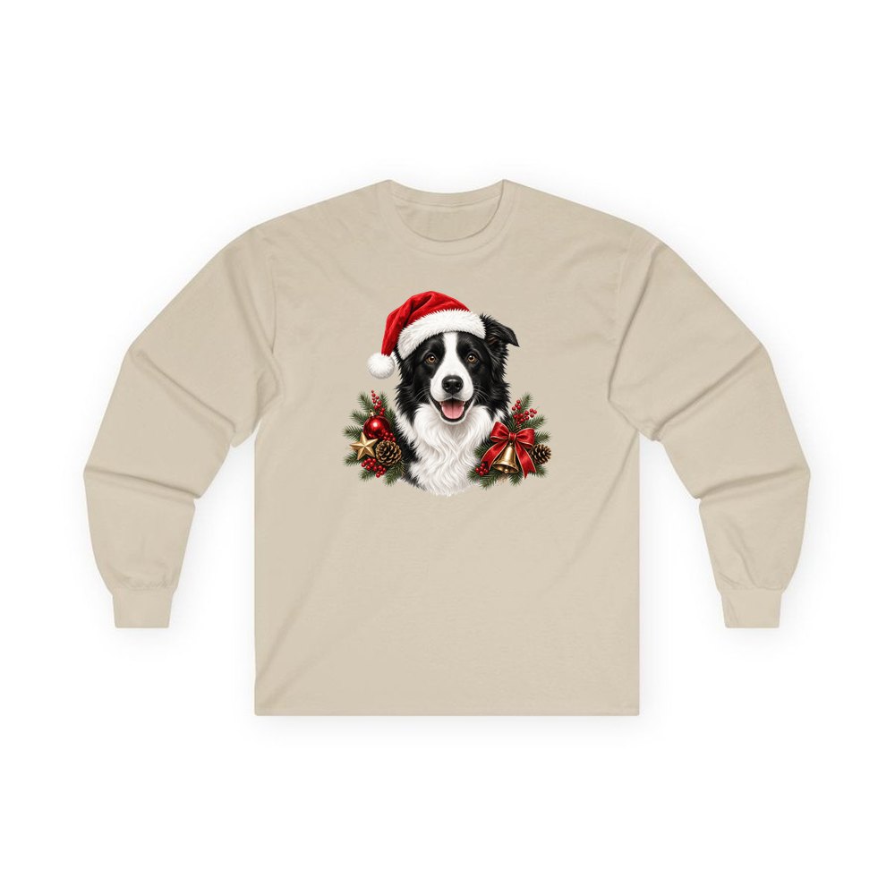 Border Collie with Bells and Pine personalised long sleeve Christmas T-shirt in sand