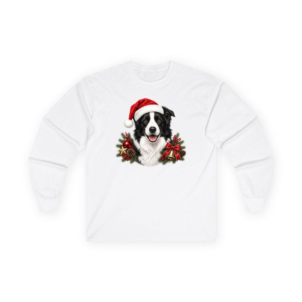 Border Collie with Bells and Pine personalised long sleeve Christmas T-shirt in white