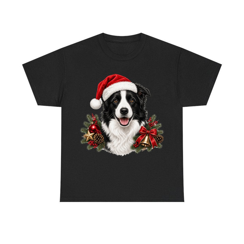 Border Collie with Bells and Pine personalised Christmas T-shirt in black
