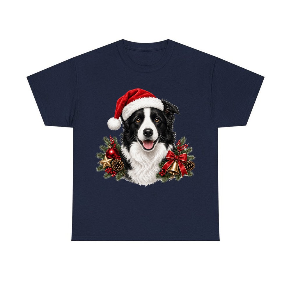 Border Collie with Bells and Pine personalised Christmas T-shirt in navy