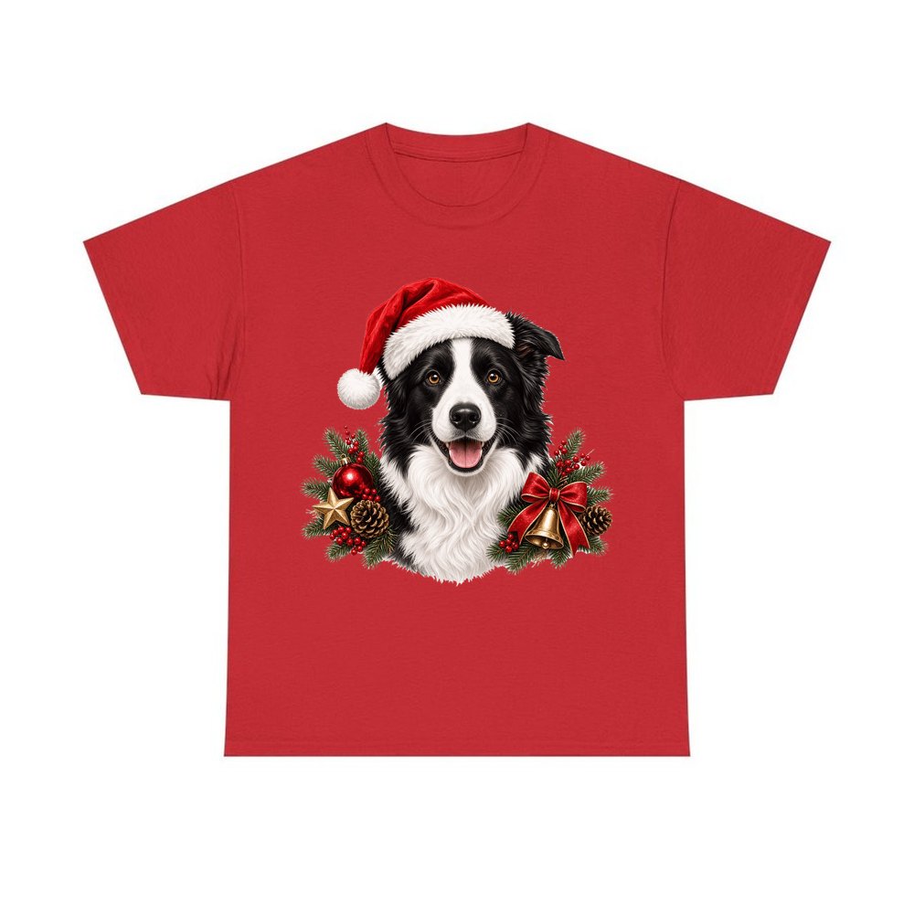 Border Collie with Bells and Pine personalised Christmas T-shirt in red