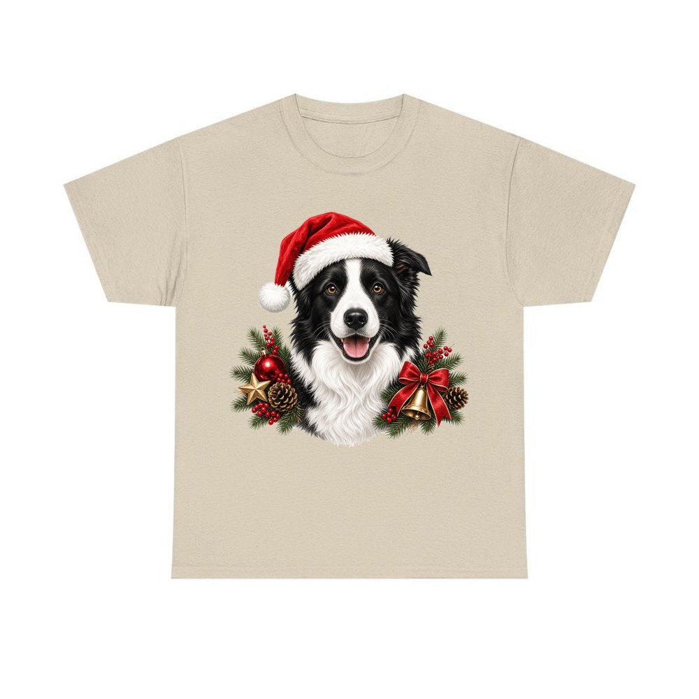 Border Collie with Bells and Pine personalised Christmas T-shirt in sand