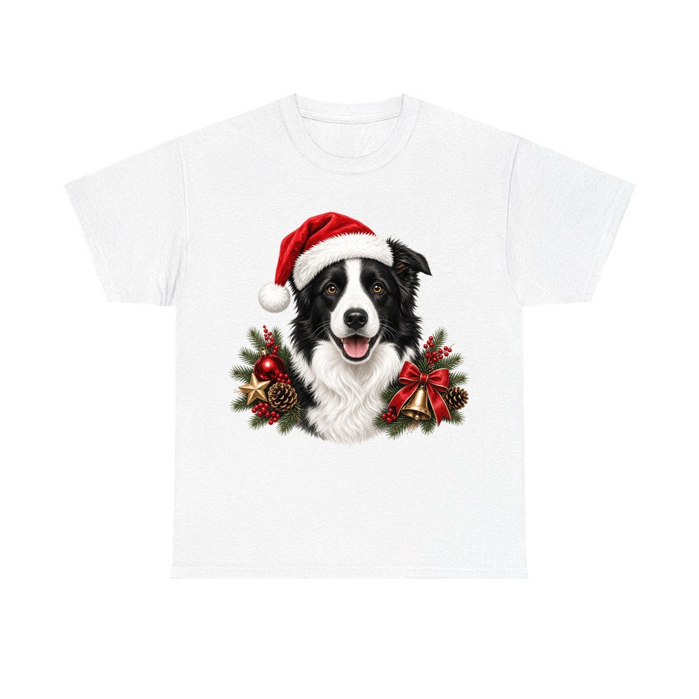 Border Collie with Bells and Pine personalised Christmas T-shirt in white
