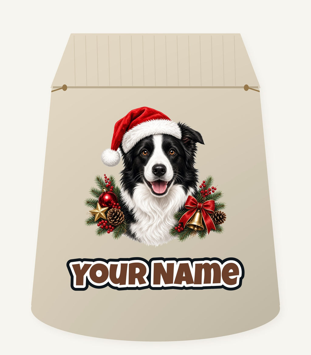 Border Collie with Bells and Pine Personalised Santa Sack