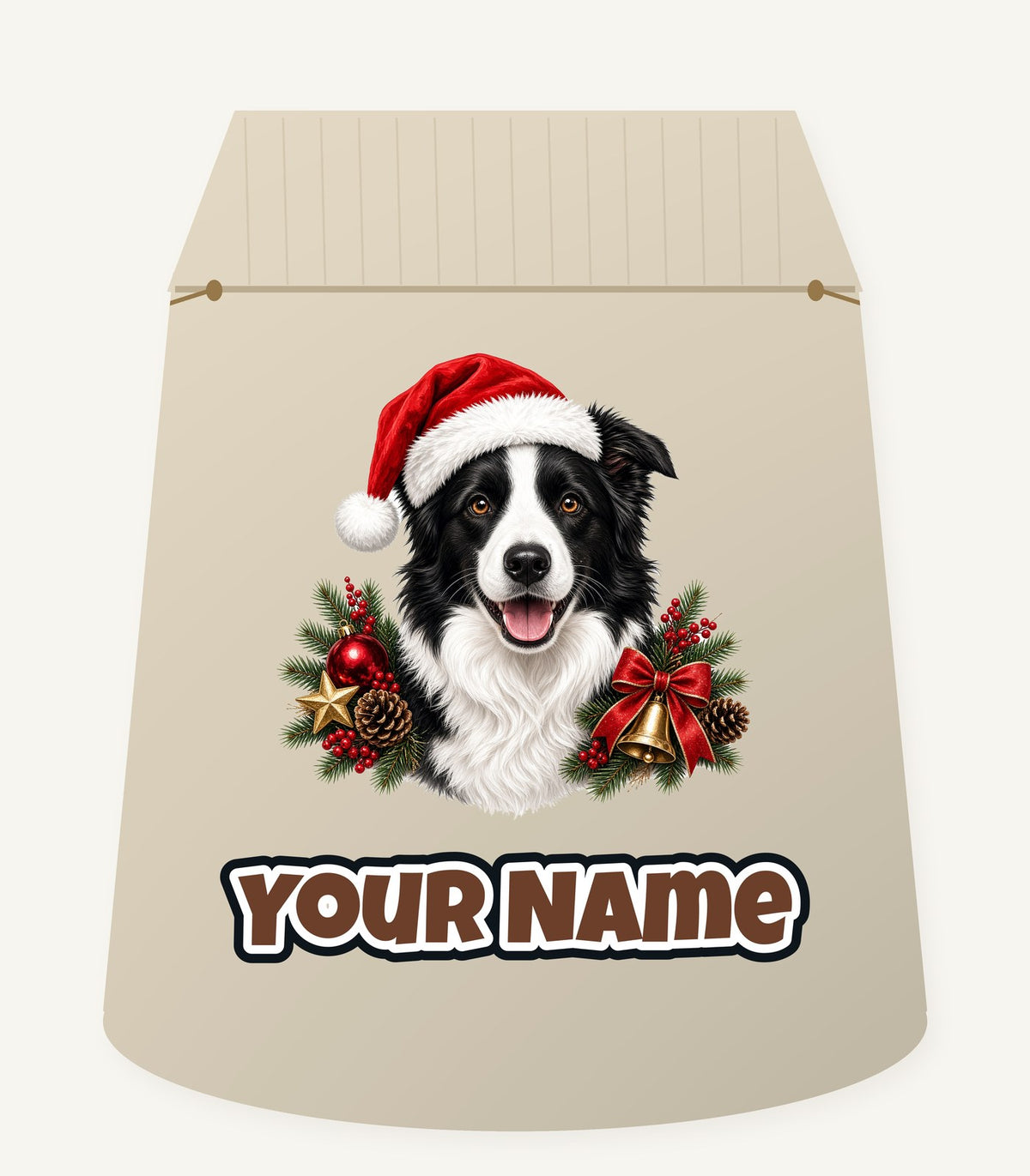 Border Collie with Bells and Pine Personalised Santa Sack