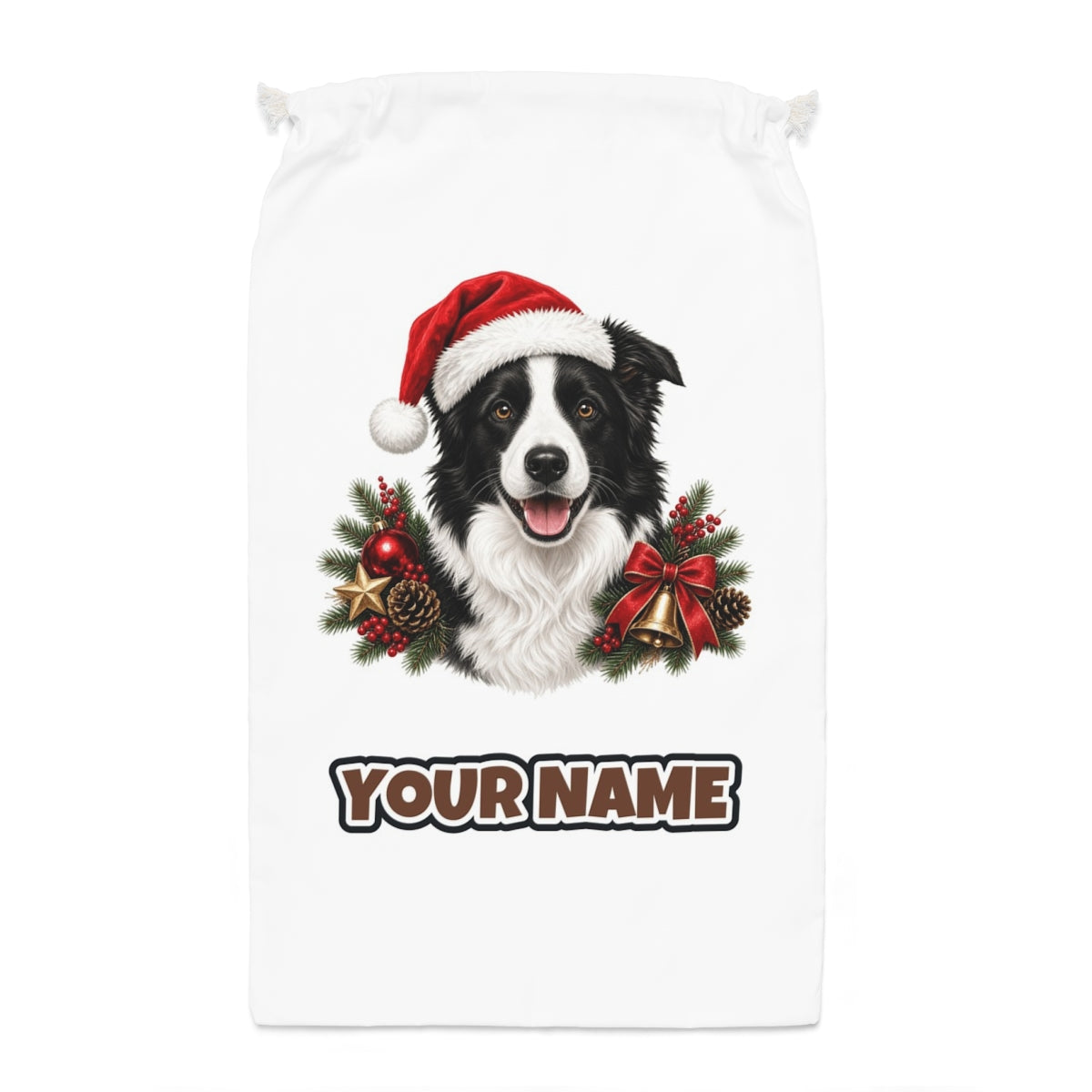 Border Collie with Bells and Pine Santa sack laid flat, showing the full print