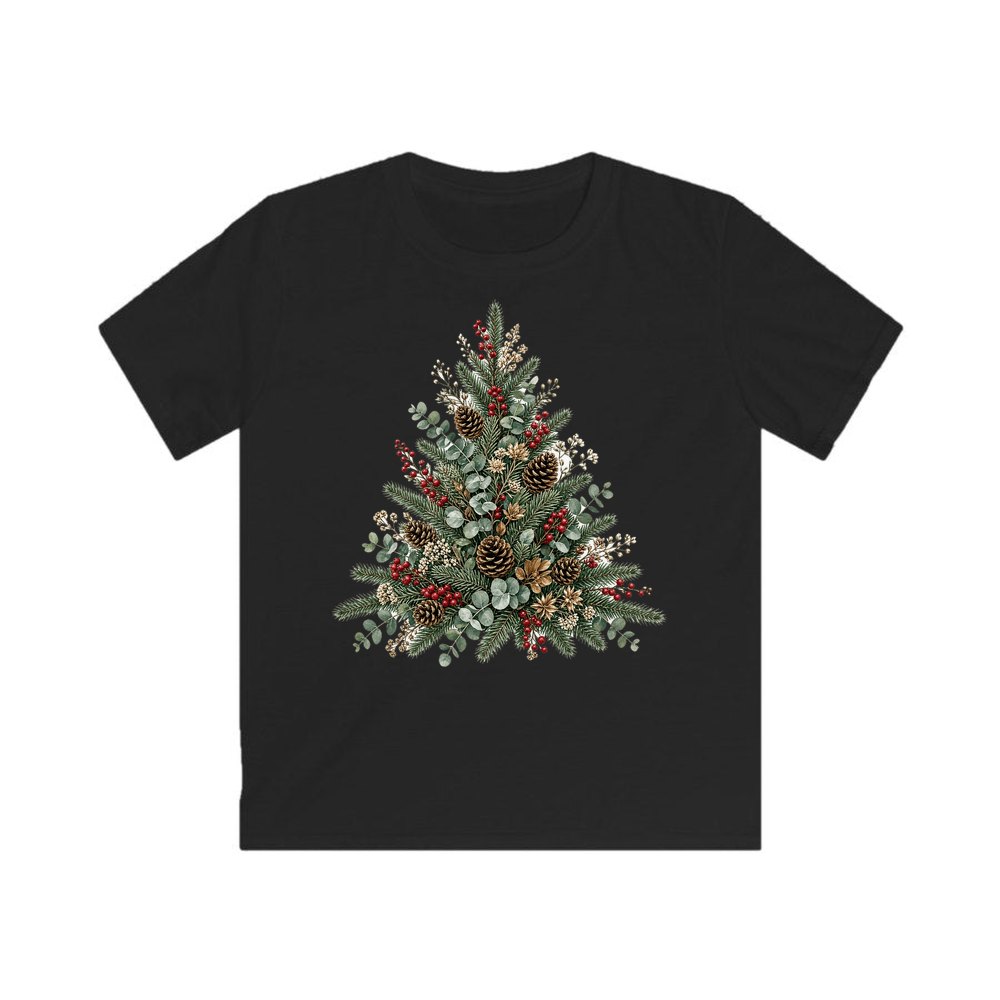 Botanical Evergreen Spray personalised kids Christmas tee in black