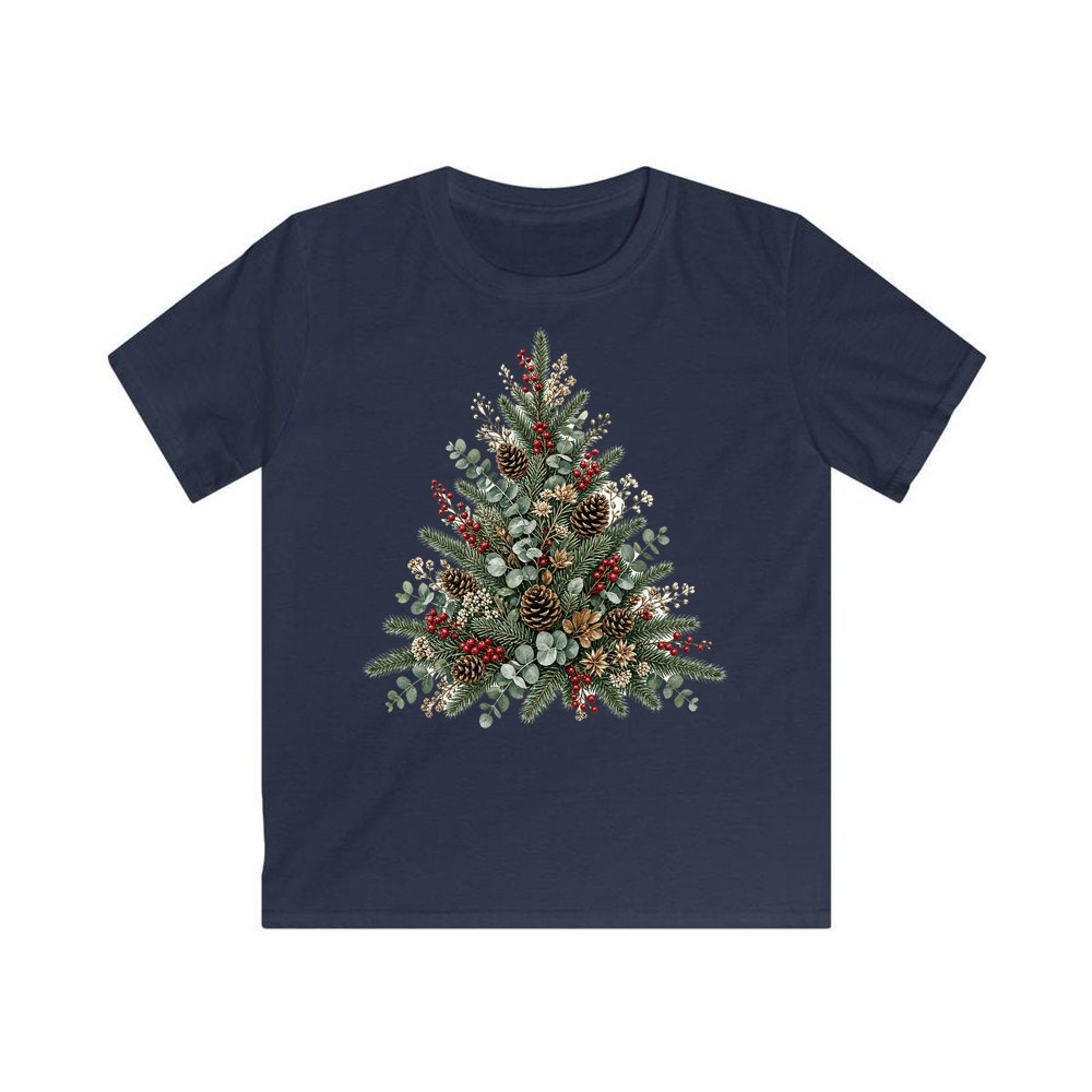 Botanical Evergreen Spray personalised kids Christmas tee in navy