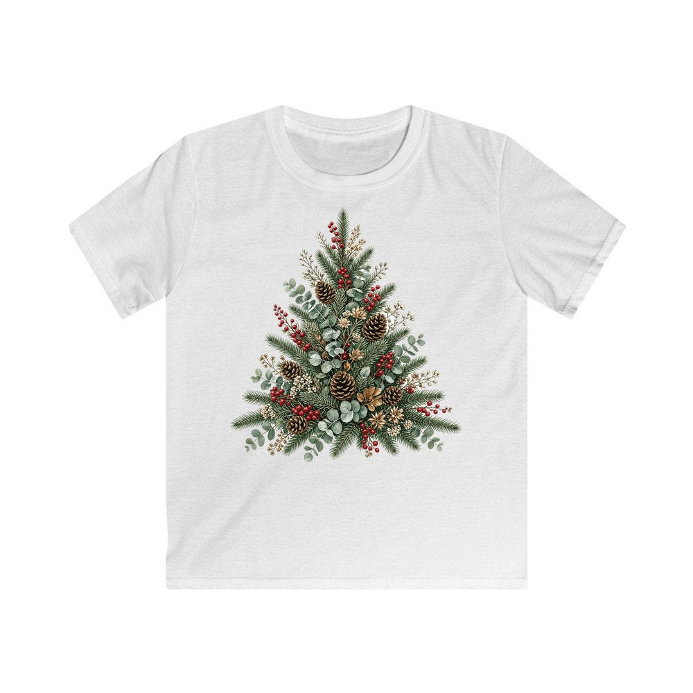 Botanical Evergreen Spray Kids Christmas Tee design on a white kids tee