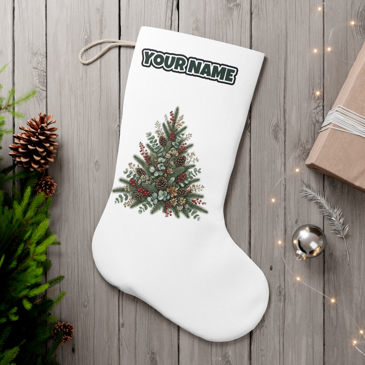 Botanical Evergreen Spray personalised Christmas stocking, white, with the name across the top
