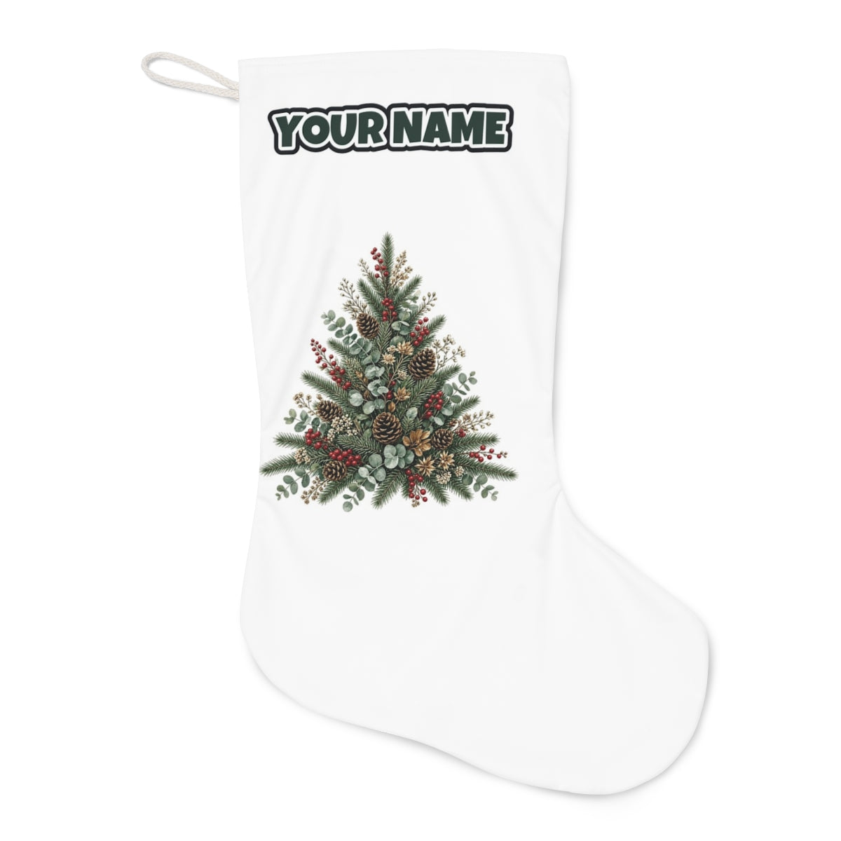 Botanical Evergreen Spray Christmas stocking laid flat, showing the full print